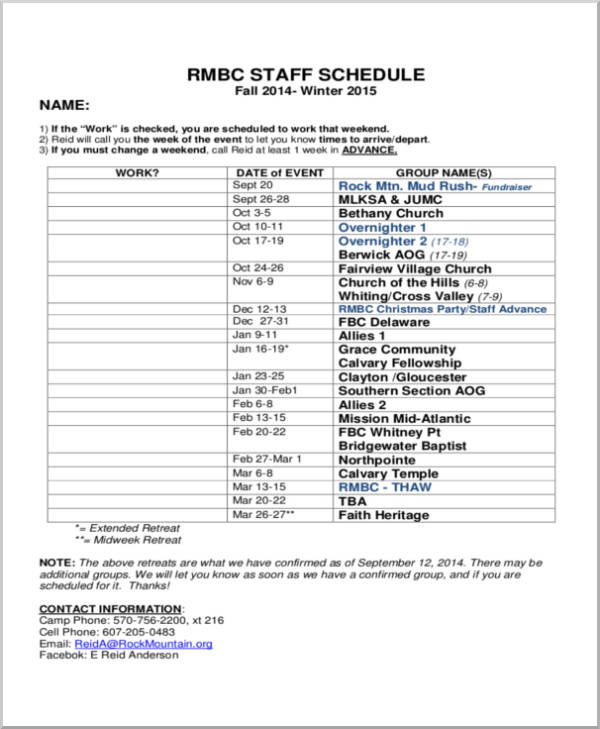 staff retreat schedule sample