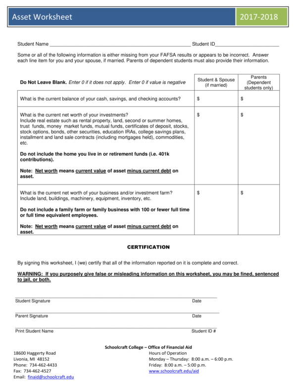 student asset worksheet template 1