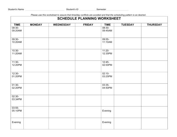 student schedule planning worksheet 1