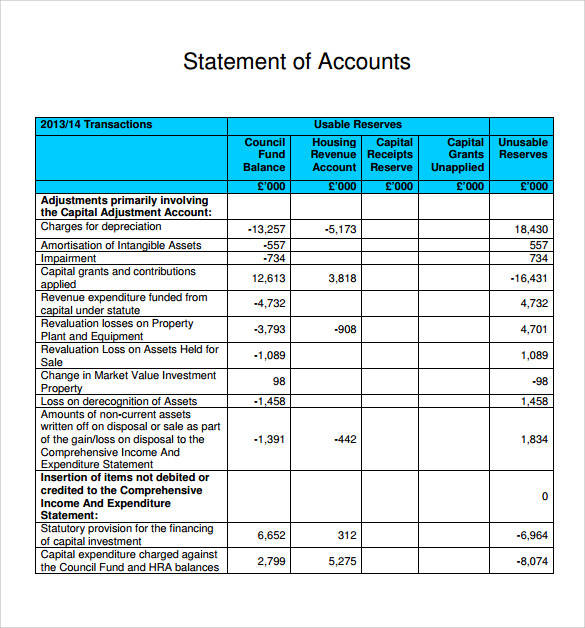 tabulated statement of account template