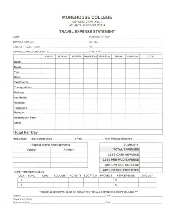 travel expense statement for one week