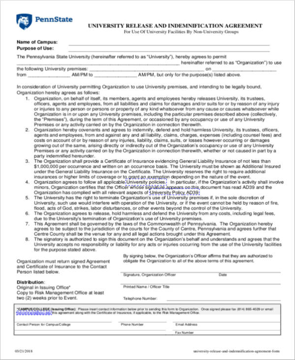 university release and indemnity agreement