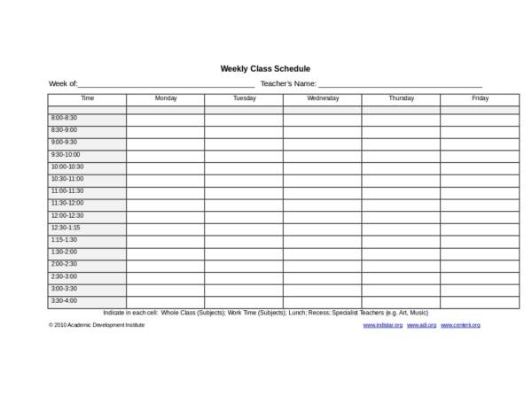 weekly class schedule template