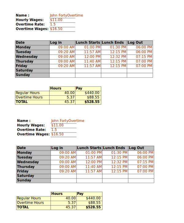weekly timesheet with overtime calculation