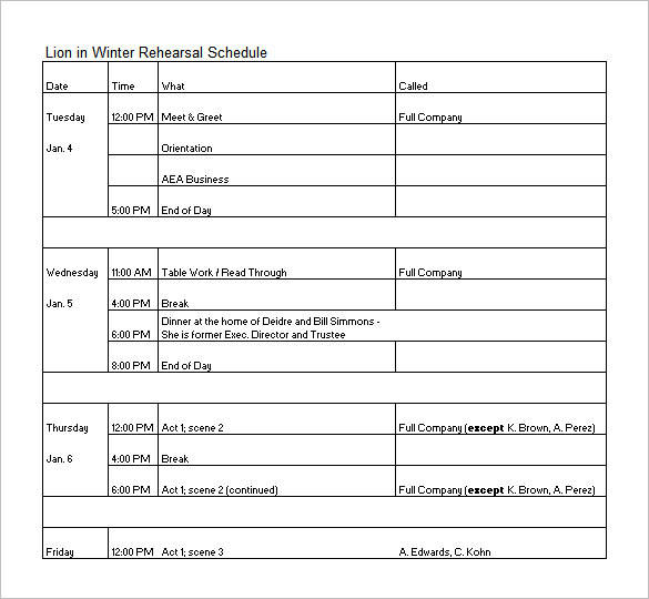 winter rehearsal schedule template