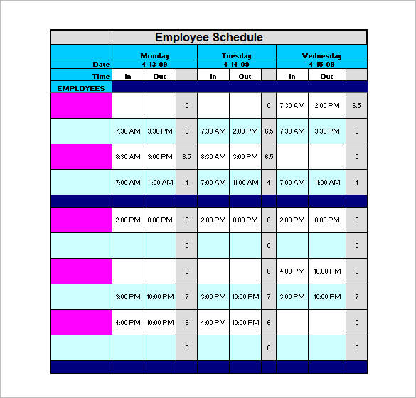 yearly employee schedule total work template