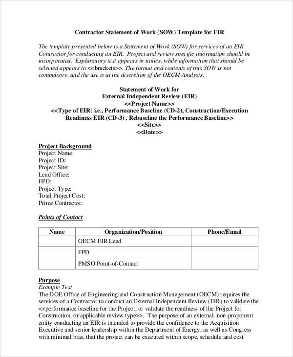 contractor statement of work template