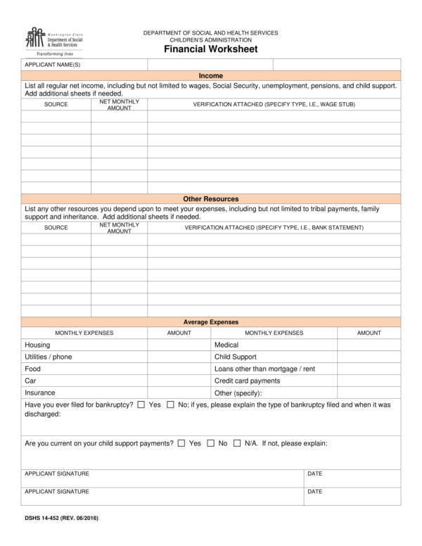 department of social and health services financial worksheet