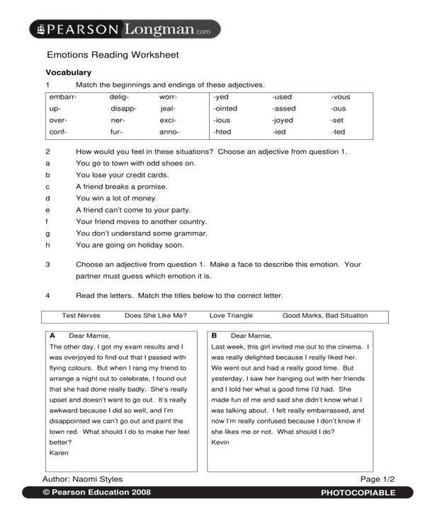 emotions reading worksheet