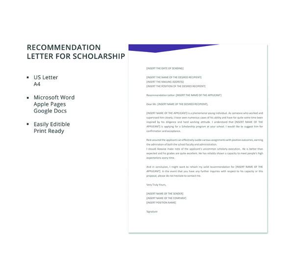 free recommendation letter template for scholarship