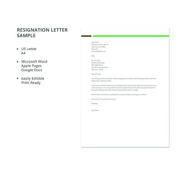 free sample resignation letter template