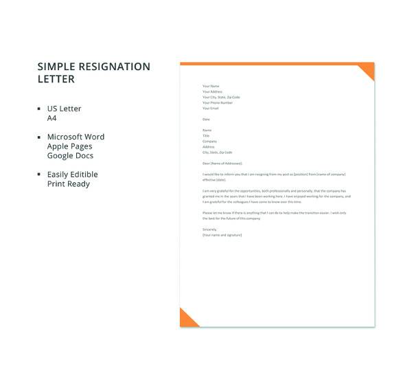 free simple resignation letter template