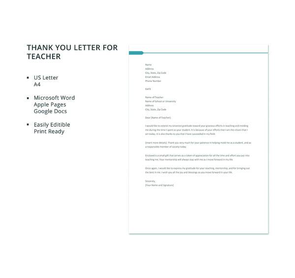 12+ Sample Thank You Letters to Teacher PDF, Doc, Apple Pages