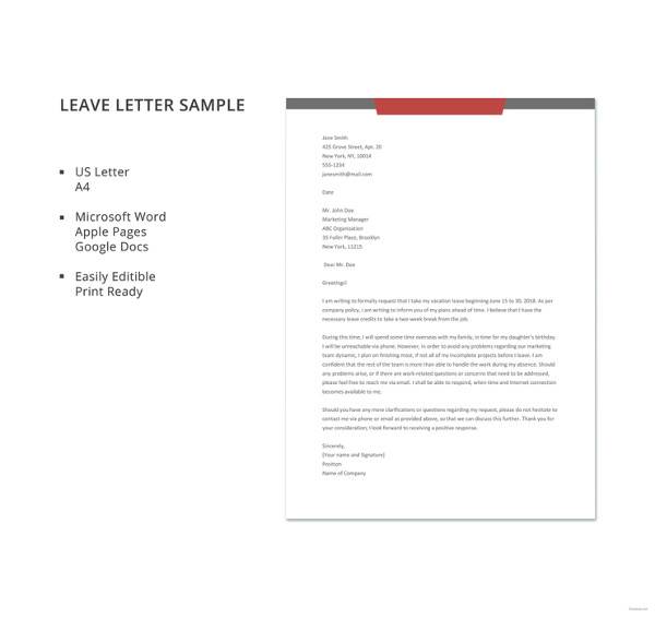 42+ Leave Letter Samples – PDF, Word, Apple Pages | Sample Templates