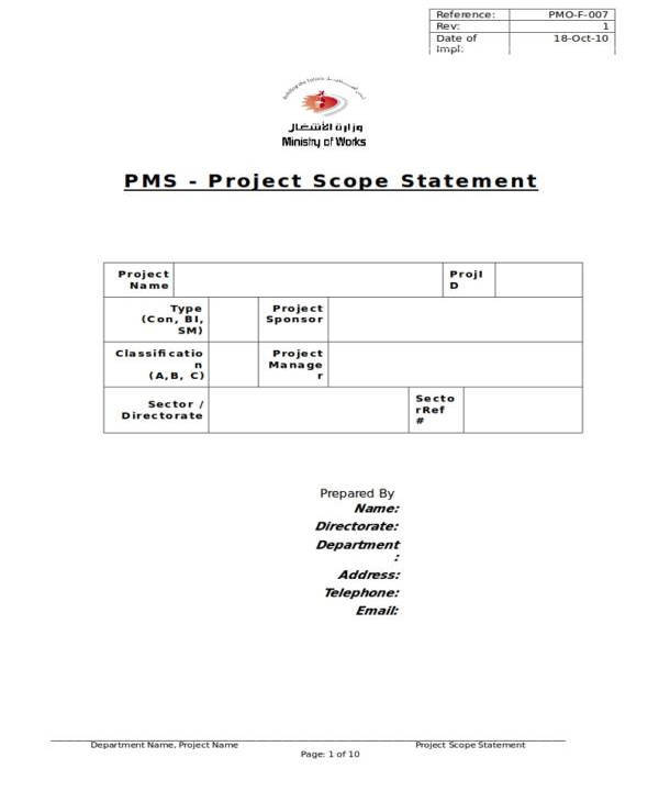 ministry of works project scope statement 