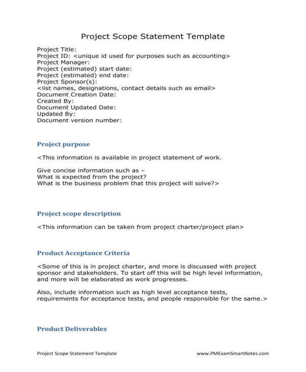 printable project scope statement template