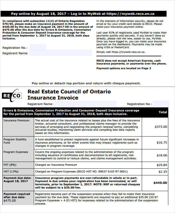 real estate insurance invoice