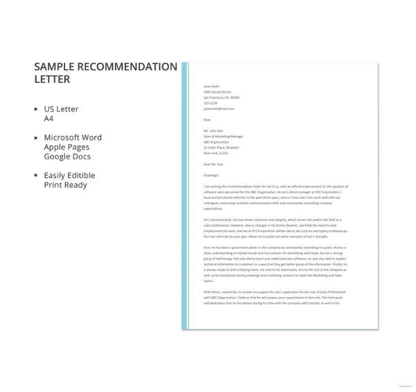 sample recommendation letter template