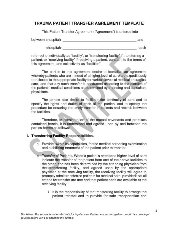 sample trauma patient transfer agreement template 001