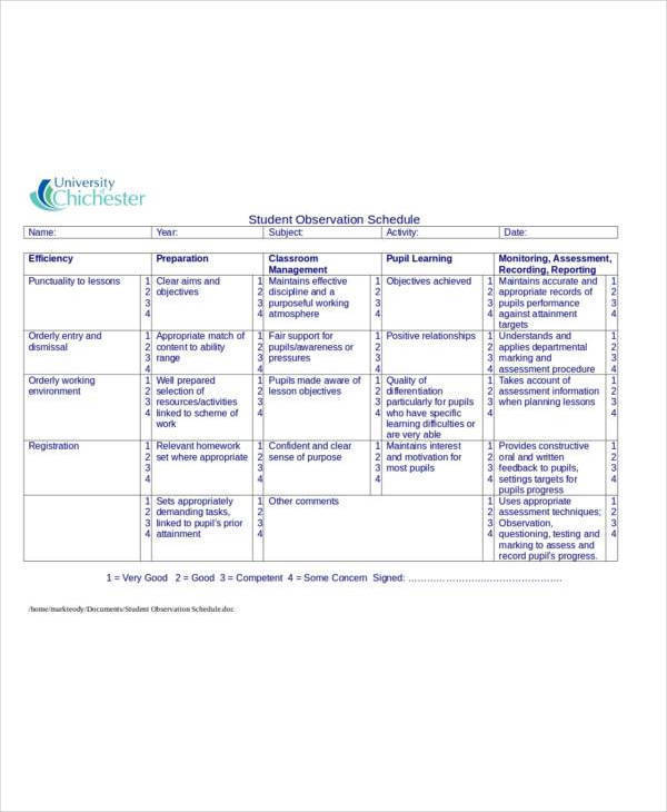student observation schedule2