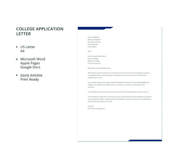 college application letter template word