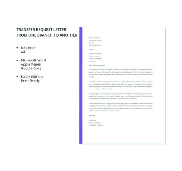 free job transfer to another branch request letter template