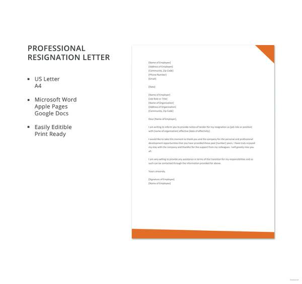 professional resignation letter template