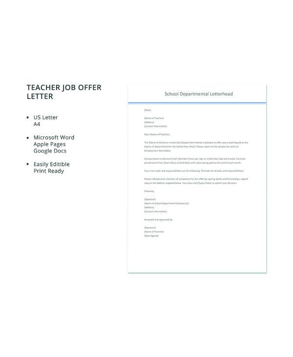 teacher job offer letter template