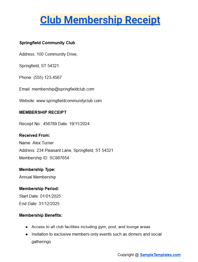 club membership receipt