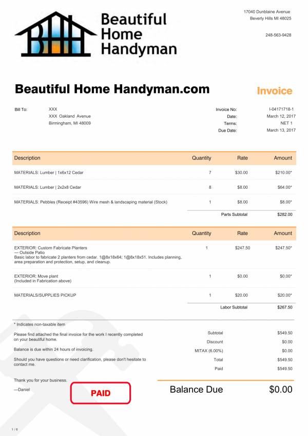 Handyman Invoice Sample