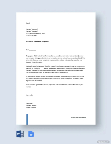 contract termination acceptance letter template