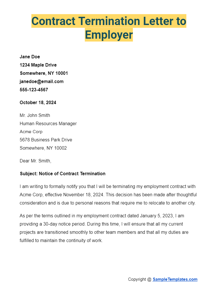 contract termination letter to employer