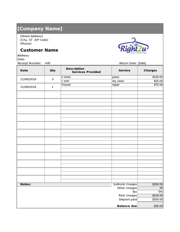 detailed dry cleaning receipt template