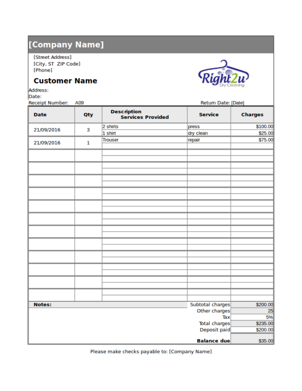 FREE 12+ Dry Cleaning Receipt Samples & Templates in PDF | Excel