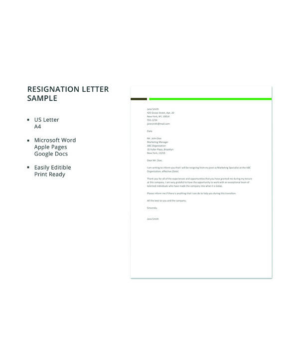 Short Notice Resignation Letter Template Google Docs Word ZOHAL