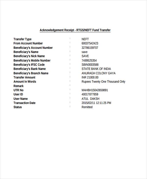 fund transfer receipt sample