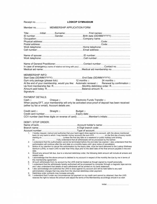 gym membership application form and receipt 1