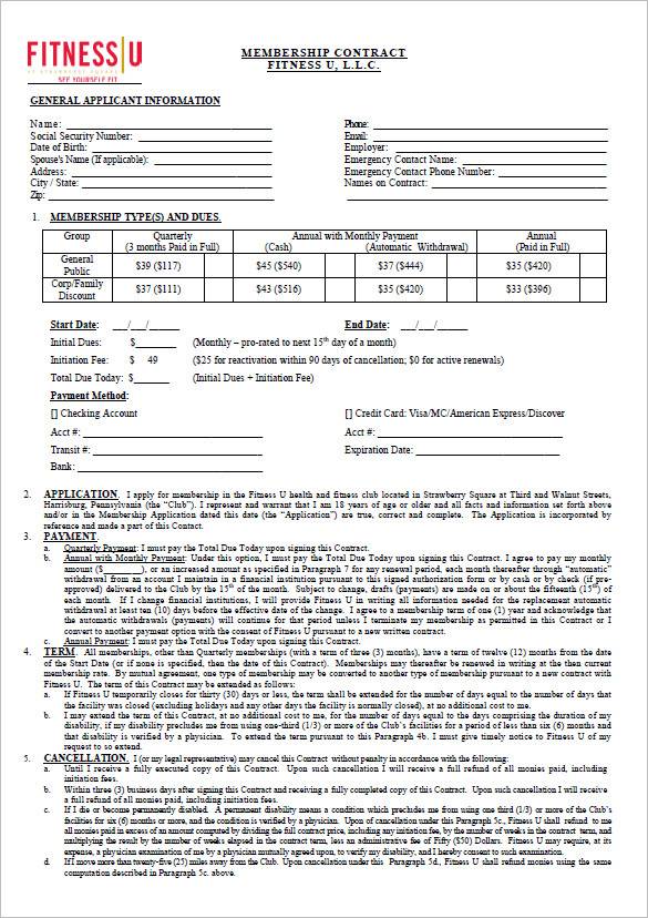 gym membership payment receipt and contract