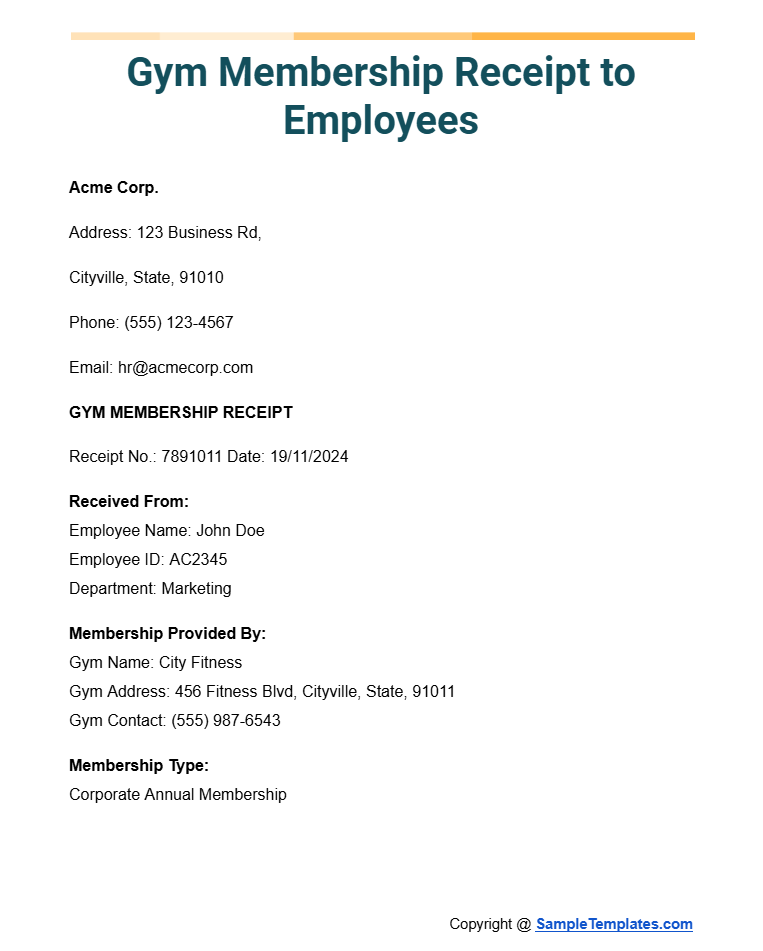 gym membership receipt to employees