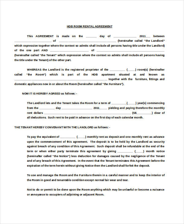 hdb room rental agreement template