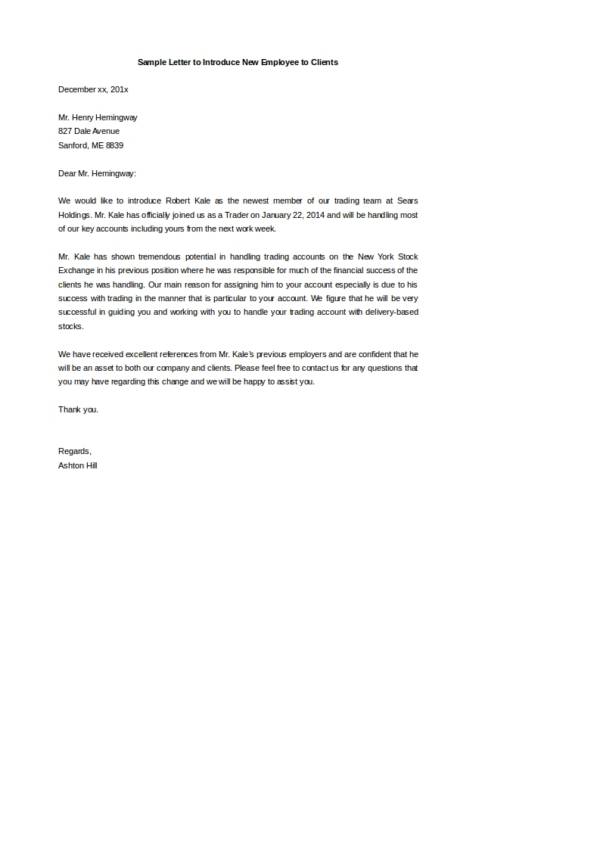 introduction letter to clients for new employee