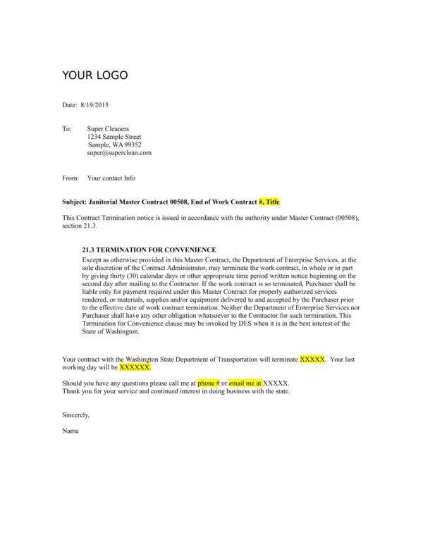 janitorial contract termination letter sample 1