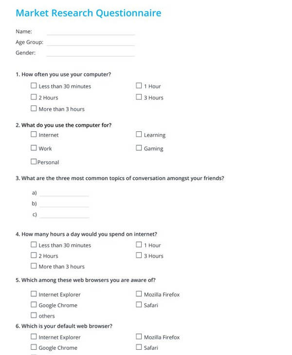 sample questionnaires for research paper