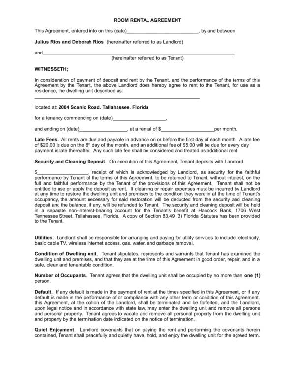 monthly room rental agreement template 1
