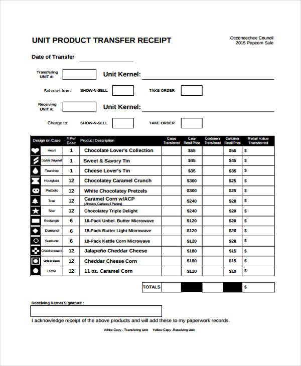 product transfer receipt