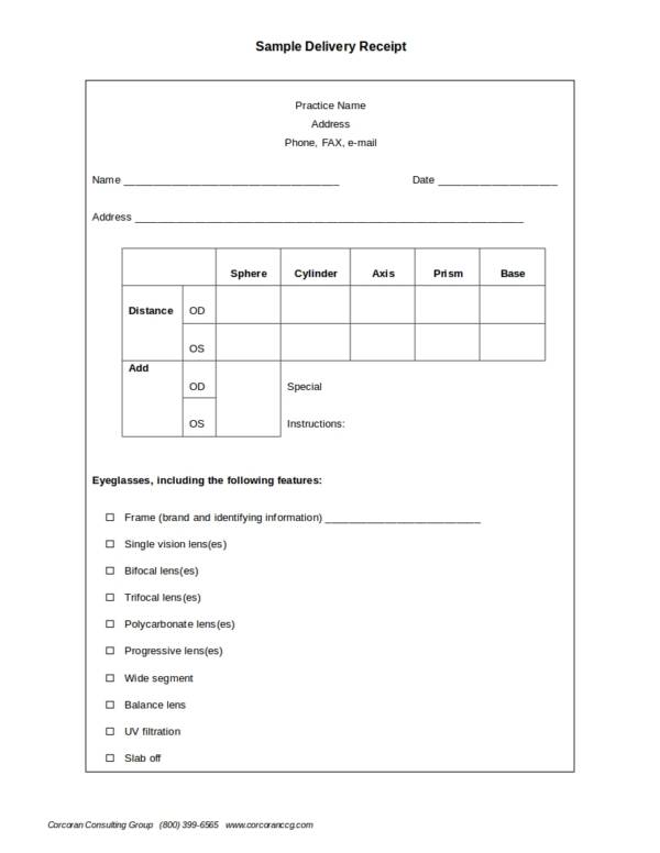 sample glasses delivery receipt template