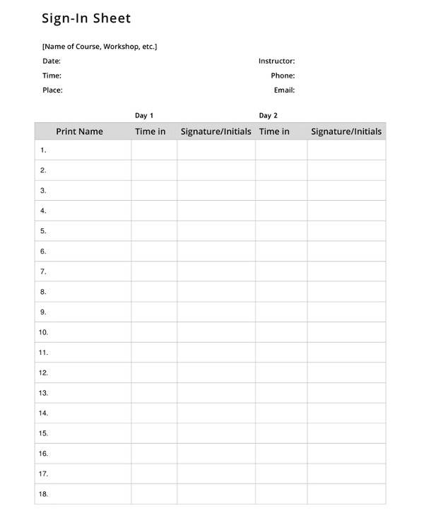 sign in sheet template