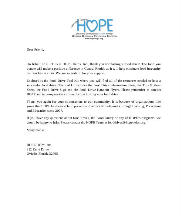 thank you letter for food donation