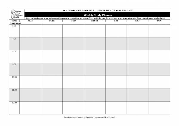 univeristy weekly study planner template