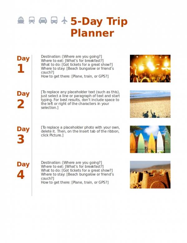 5 day trip planner template